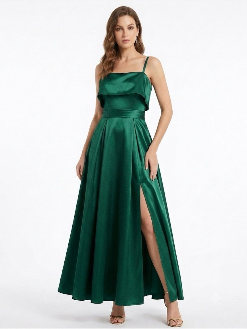 Lulu's Emerald Green Satin Spaghetti Strap Maxi Dress